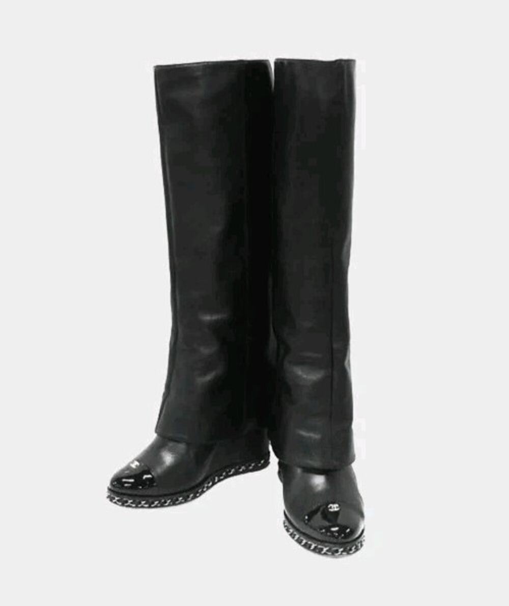Chanel D G28575 Black Fold Over Toe Cap Chain Platform Leather Boots 37